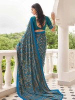 Ocean Blue Crepe Silk Digital Print Saree